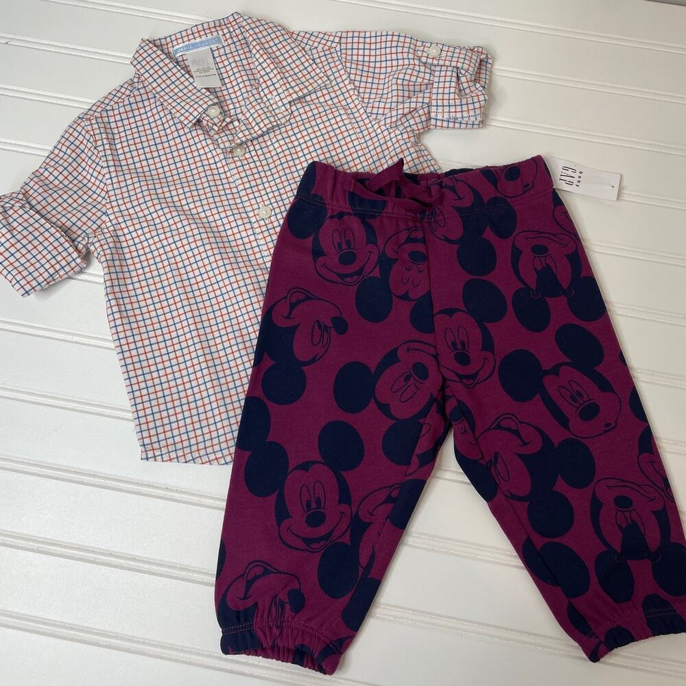 Janie and Jack & Gap Baby Boy Bundle Check Button Shirt & Pants Size 6-12 MONTHS